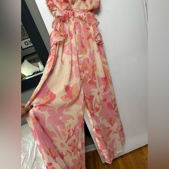 ASOS Pink and Cream Floral Ruffle Jumpsuit - Picture 2 of 4
